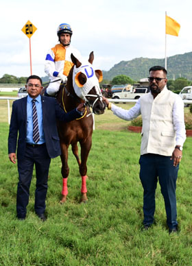 D Don King (V R Jagadeesh up) winner of the FANTASY DREAM PLATE, being led in by trainer Vishal Yadav on Wednesday races at Mysore.